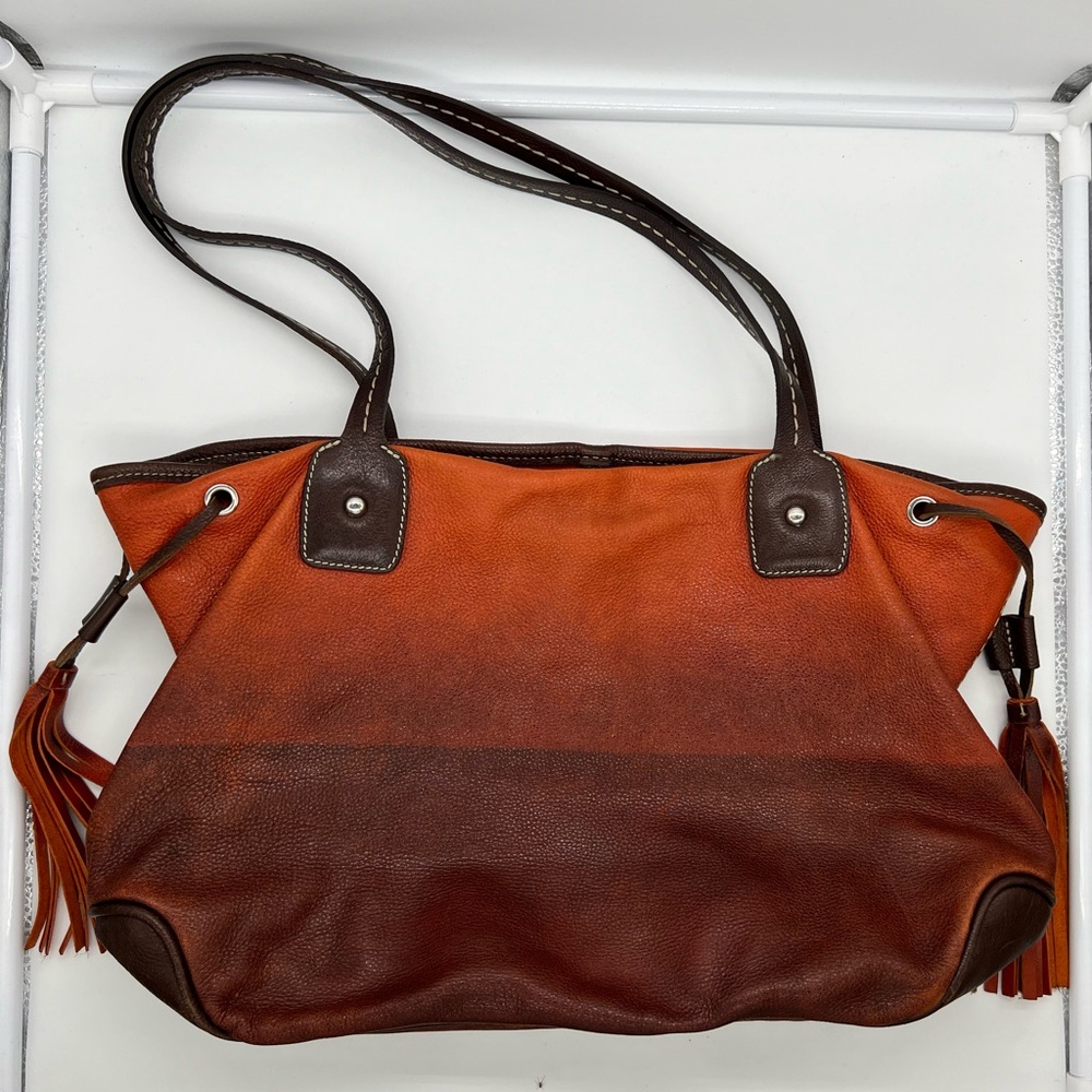 ROOTS Vintage Sunset Orange Brown Ombre Pebbled Leather Shoulder Bag Tote